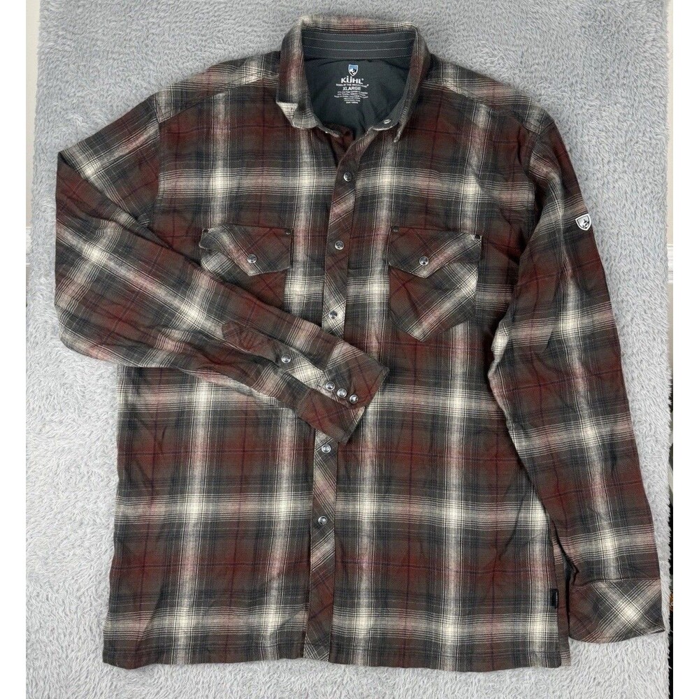 KUHL Shirt Mens XL Brown Check Long Sleeve Lowdown Flannel Pearl Snap Button Up